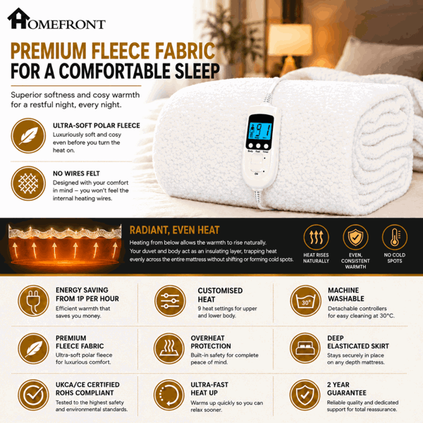 Homefront Single Luxury Fleece Electric Blanket With Digital Control, 9 Heat Settings and Timer Setting