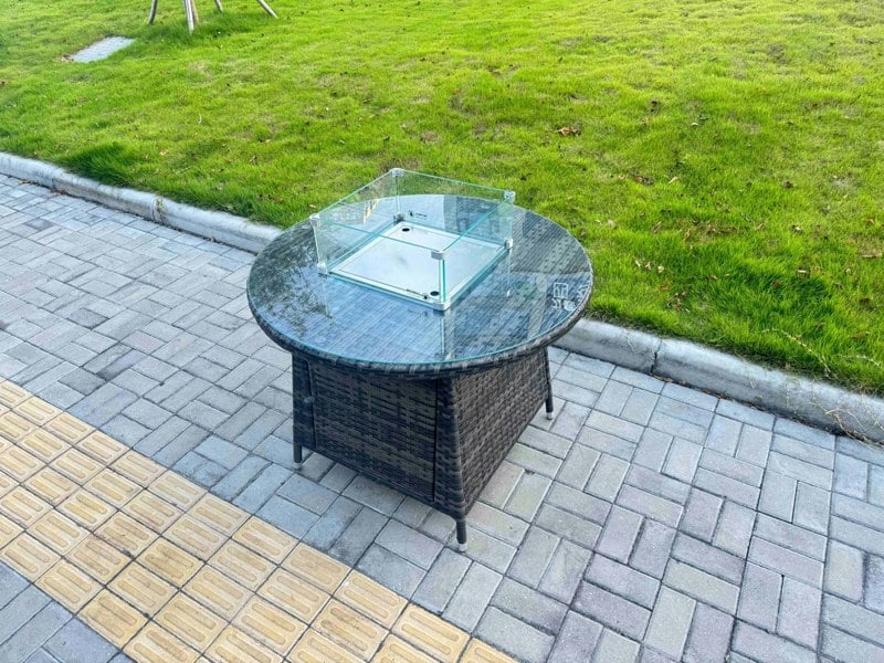 Fimous 5-Piece PE Rattan Garden Furniture with Medium Round Gas Fire Pit Table and 4 Chairs for Patio Dark Grey Mixed