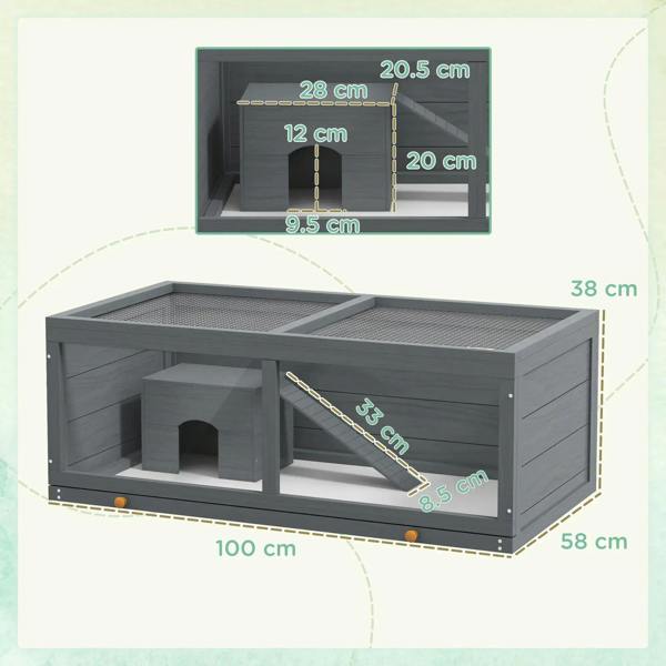 Grey wooden hamster cage with internal hut and ramp, open top design