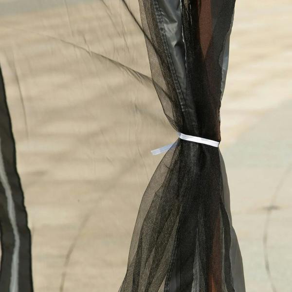 Close-up of dark grey gazebo mesh curtain with black strap and tie detail