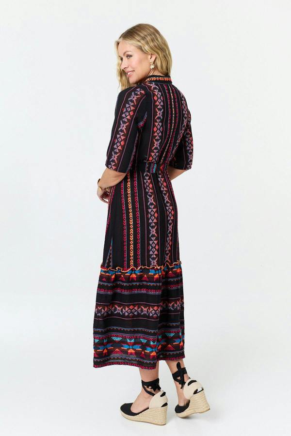 Black | Printed 1/2 Sleeve Shirt Midi Dress