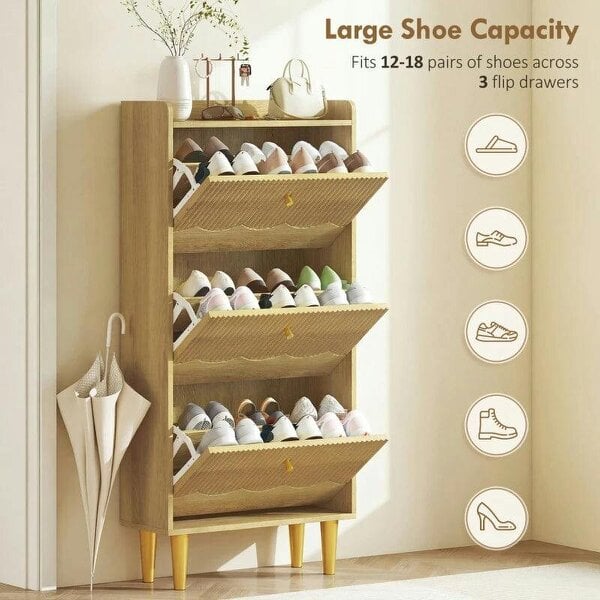 Bobobiy Narrow Shoe Cabinet, Modern Shoe Storage Cabinet with 3 Flip Drawers, Oak
