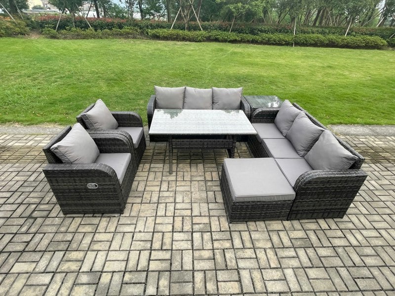 Fimous 7 Piece Rattan Garden Furniture Set with Patio Sofa Rectangular Dining Table Big Footstool Side Table Indoor Conservatory Patio Set