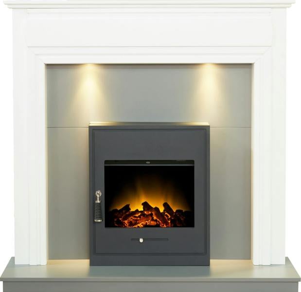 Adam Honley Fireplace in Pure White & Grey with Oslo Electric Inset Stove in Black, 48 Inch