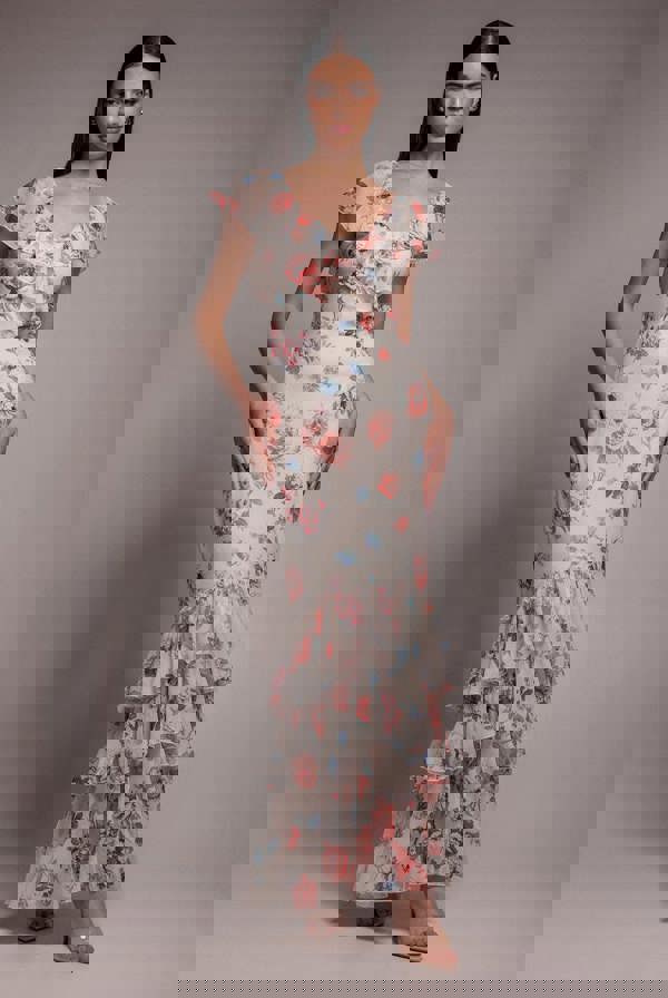 Floral Printed Chiffon Ruffle Maxi - Cream DR3750