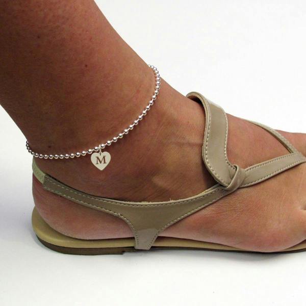 Sterling Silver Bead Ball Anklet With Initial Heart Charm - Love Silver Jewellery