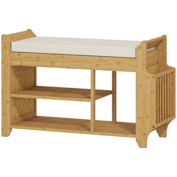 Shoe Bench 2-Tier Boot Section Entryway Storage Bench Cushioned Seat 80 x 30 x 50 cm Natural and Cream