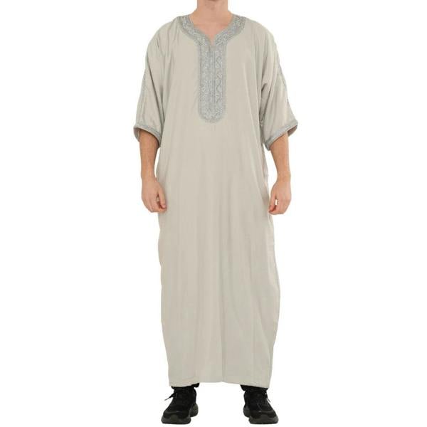 Men's Half Sleeve Embroidery Moroccan Thobe - Grey - Thobez - 28