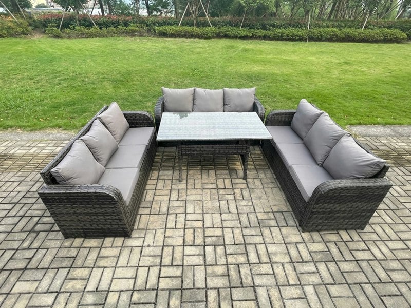 Fimous Patio Rattan Garden Furniture Set with Oblong Rectangular Dining Table 9 Seater Outdoor Lounge Sofa Set Dark Grey Mixed