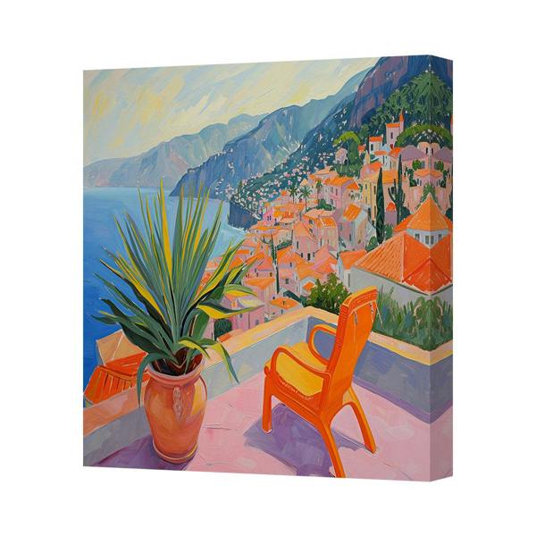Benjamin Tate Design Framed Contemporary Coastal Town Canvas Wall Art Handmade in UK