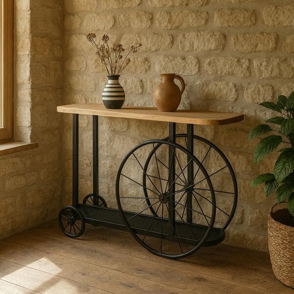 Wyld Haus Shanghai Industrial Oak and Black Modern Wheel Console Table