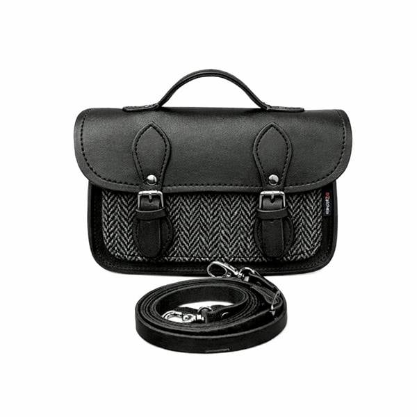 Zatchels Handmade Tannery Leather and Tweed Cross Body Micro Satchel Plus - Black