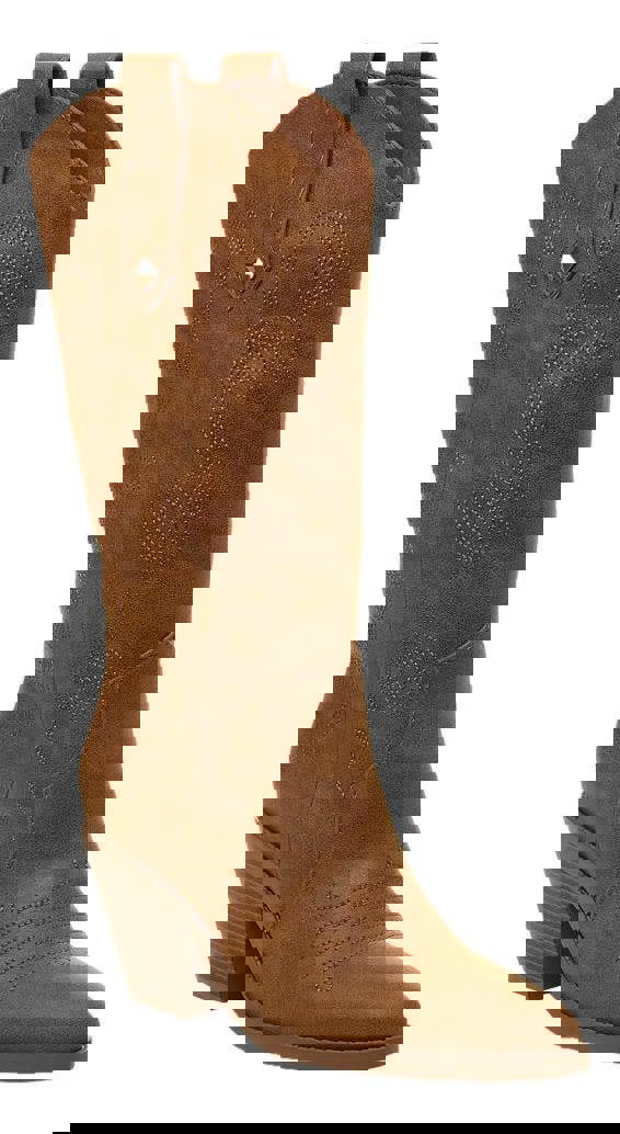 Rocket Dog Feria Women's Mid Calf Cowboy Western Pull-On Boots, stylish brown leather cowboy boots with decorative stitching and a mid-height heel.