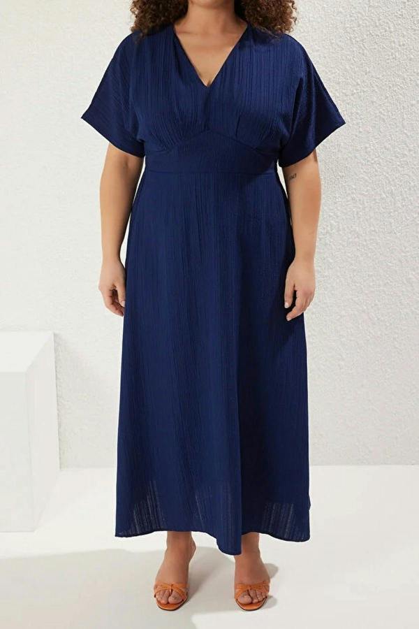WOVCOR V-Neck Short Sleeve Textured Fabric Woven Maxi Plus Size Dress