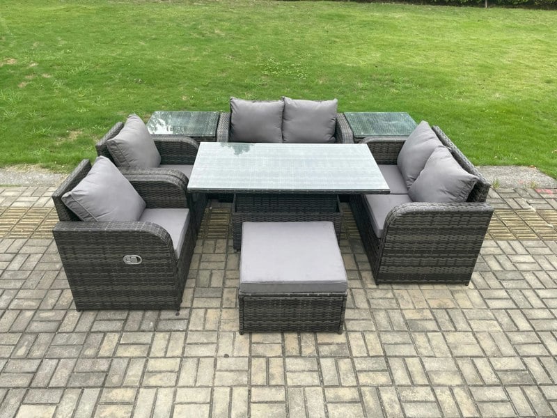 Fimous Wicker PE Rattan Furniture Garden Dining Set Outdoor Height Adjustable Rising lifting Table Love Sofa Chair With 2 Side Tables Stools