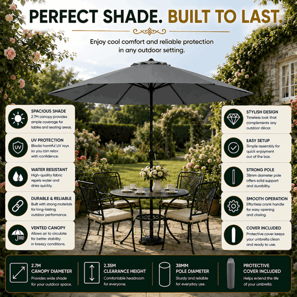 GlamHaus Garden Parasol Table Umbrella 2.7M Crank Handle, UV40 Protection, Includes Protection Cover, Robust Steel - Dark Grey