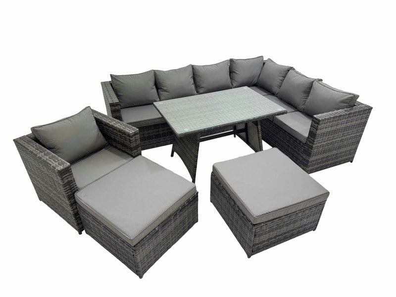 Fimous Rattan garden furniture Patio Furniture Sets with Dining Table Chair 2 Big Stools Dark Grey Mixed