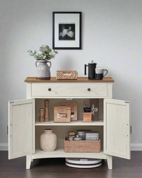 Modcraft Farmhouse Sideboard Cabinet, Rustic White and Honey Brown, 80 x 40 x 80 cm, Storage Unit with Drawer,