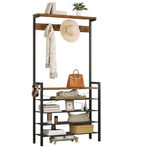 Modcraft Entryway Coat Rack Stand with Shoe Storage Shelves – Industrial Hallway Organiser