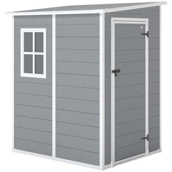 Grey lean-to storage shed with double doors and front window, lockable frame detail