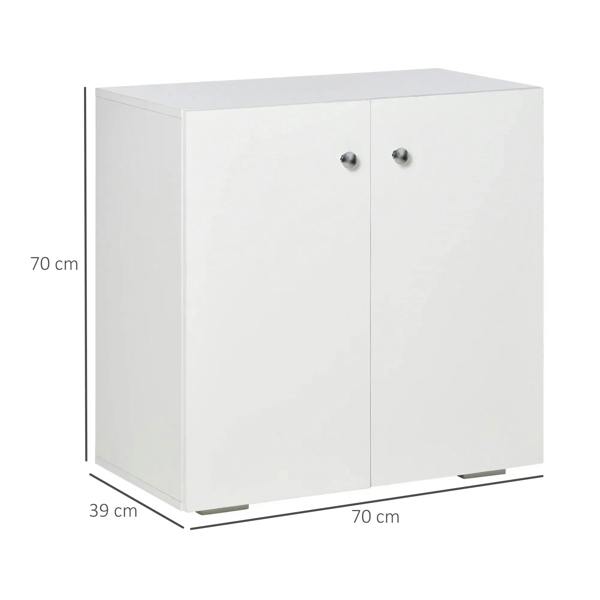 White freestanding storage cabinet, two-door front, 70 cm x 39 cm x 70 cm size.