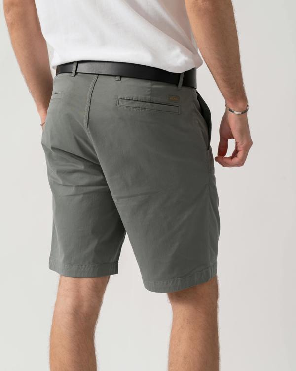 back shot of a model wearing a pair of BOSS Orange Mens Slim Fit Chino Shorts in Stretch Cotton Twill in Open Grey 076