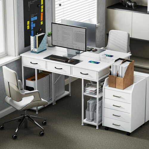 Wyld Haus Riba 120cm Wooden White Home Office Desk With Power Sockets 3 Fabric Drawers And Storage Shelves 120 cm