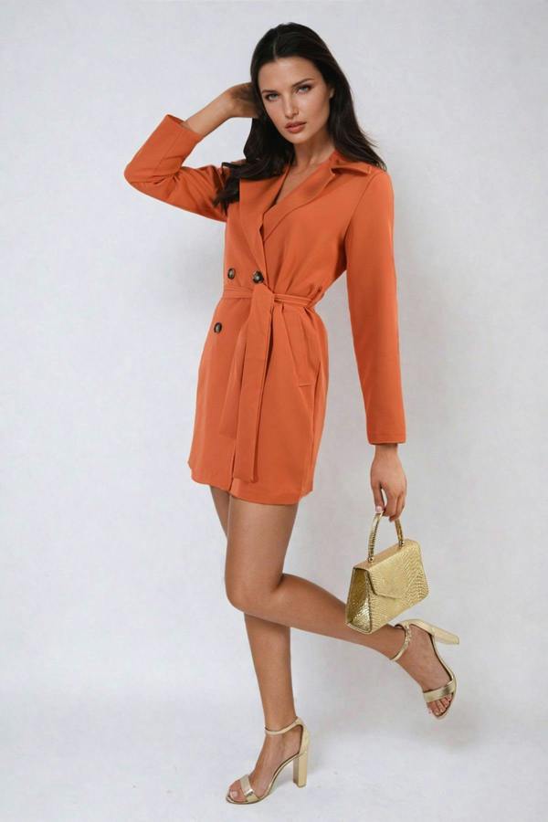 Raven Oversized Waist Tie Button Detail Blazer Jacket - Orange