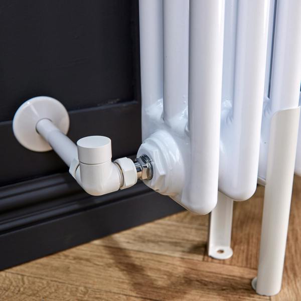 Flode Corner Round Thermostatic TRV & Lockshield | 15mm x 1/2″ | Matt White