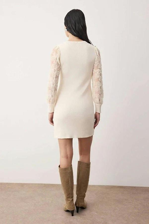 WOVCOR Mini Knit Dress with Floral Embroidery on Sleeves