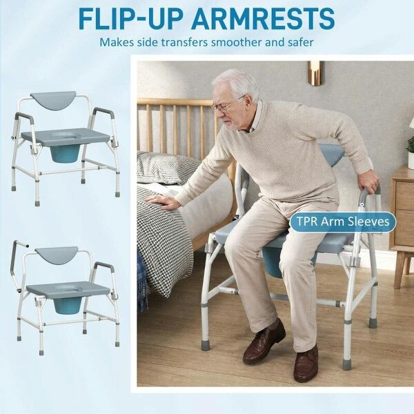 Height Adjustable Bedside Commode, Heavy Duty Commode Toilet Chair with Flip-Up Arms, White and Grey