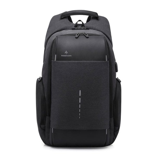 Black best travel commuter laptop backpack with a visible Riseicon brand logo on a white background