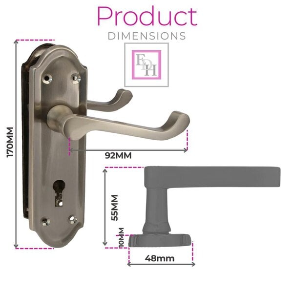 EDH Door Hardware Premium Satin Nickel Internal Lock Door Handle Set+3 Lever Mortice Sash Lock, 2 Pairs