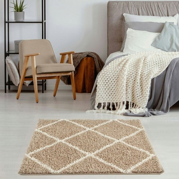 Diamond Design Thick Shaggy Area Rugs Beige