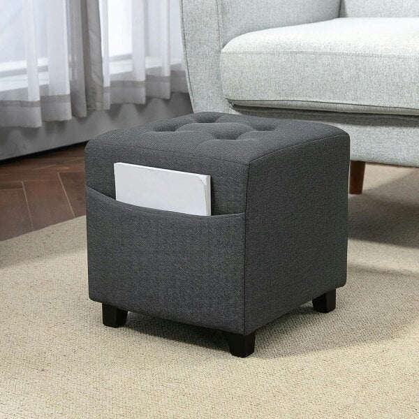 Bobobiy Square Footstool, Small Ottoman with Side Pocket, 35 x 35cm, Grey, 35 x 35 x 35cm