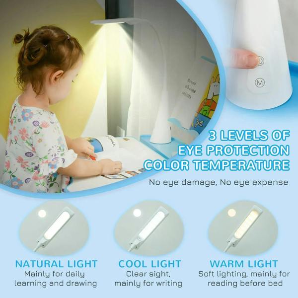 Kids desk with white LED lamp and three light settings shown by icons