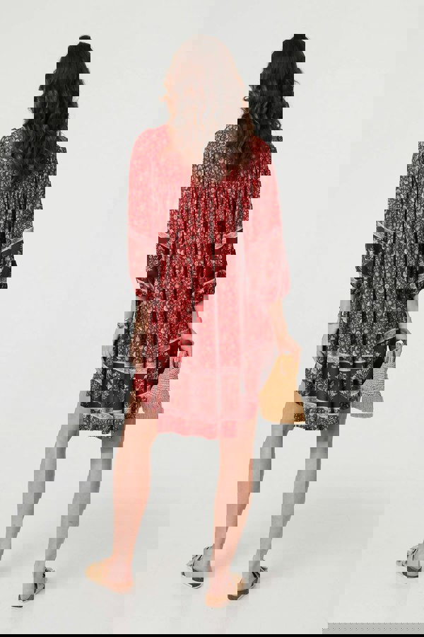 Burgundy | Ditsy Floral 3/4 Sleeve Short Dress
