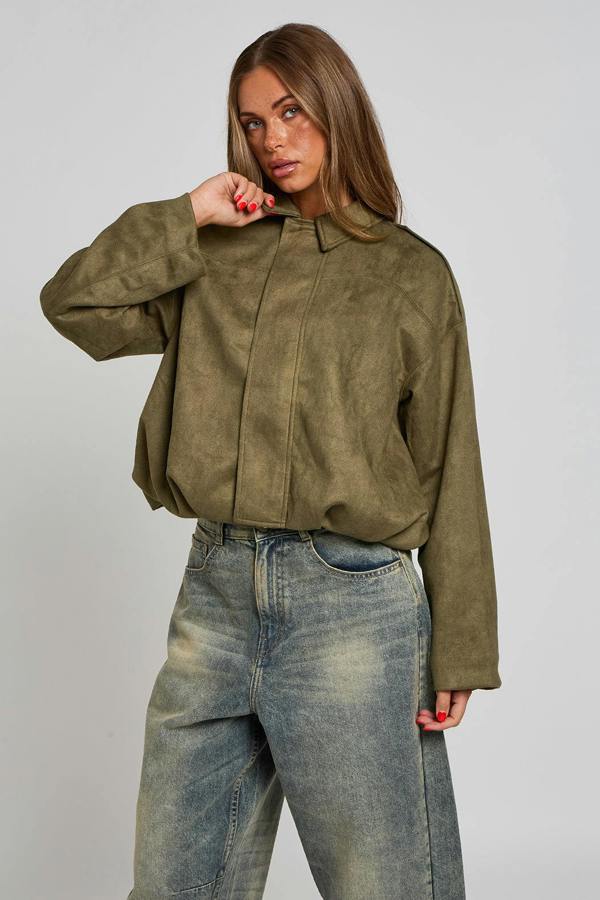 Urban Bliss Faux-Suede Khaki Collared Bubble Hem Jacket