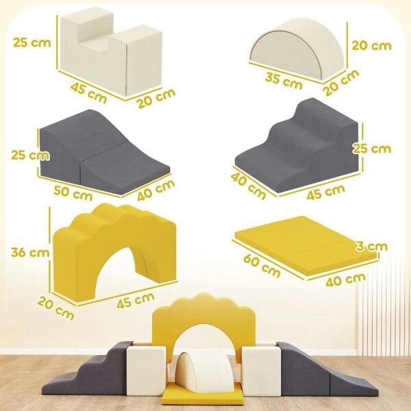 7 Piece Kids Soft Play Set with Detachable Cover, Baby Indoor Climb and Crawl Foam Toy for Toddlers, Yellow