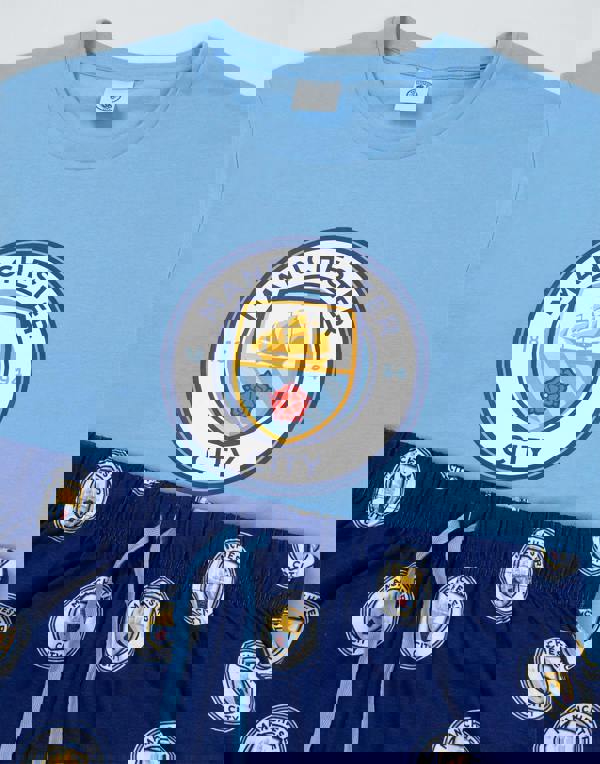 Manchester City Mens Blue Logo Short Sleeve Long Leg Pyjama Set