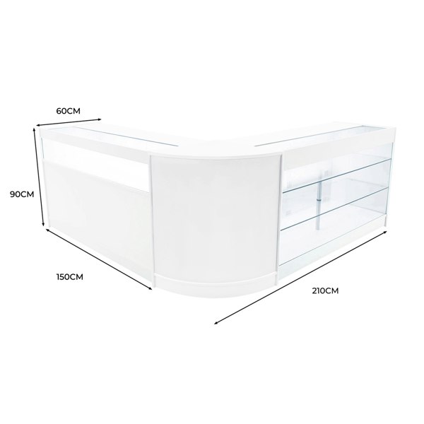 Triton LED Shop Counter Set in white, featuring sleek glass shelves, curved edges, and modern design, ideal for retail displays