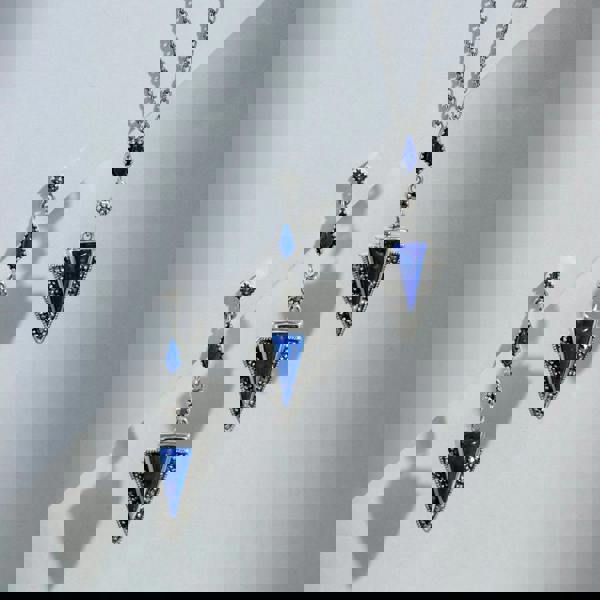 Gemondo Art Deco Style Style Triangle Lapis Lazuli & Marcasite Drop Earrings & Necklace Set in 925 Sterling Silver