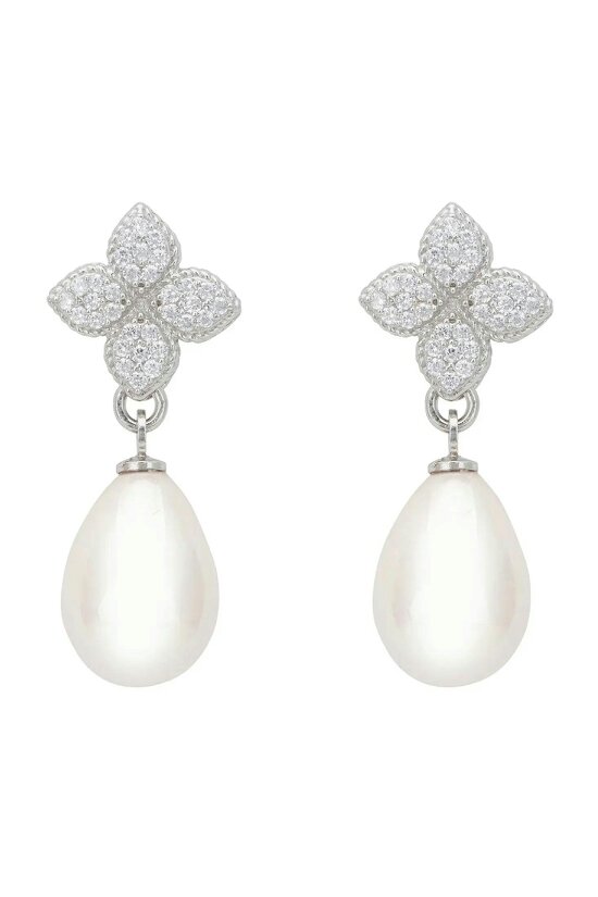 Latelita Clover Flower Pearl Drop Cz Earrings Silver