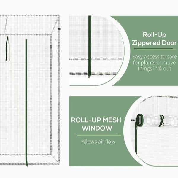 Roll-up mesh window and zippered door detail on a greenhouse frame