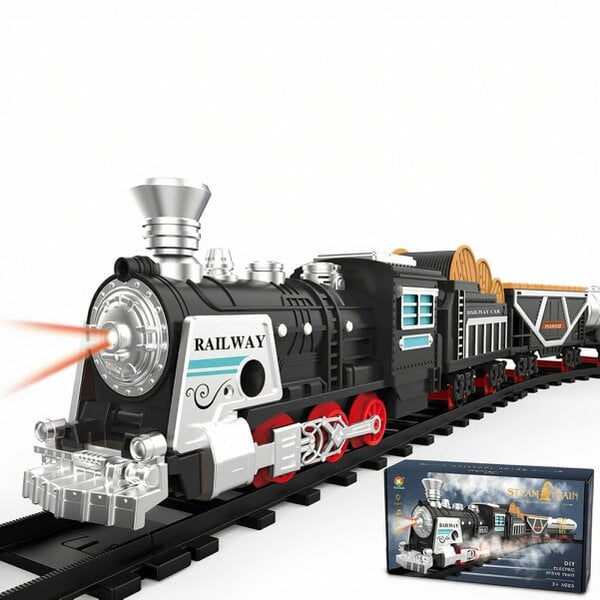 deAO Toys deAO Electric Steam Train Playset with Track, Lights, Music & Smoke Classic Railway Locomotive Toy Black