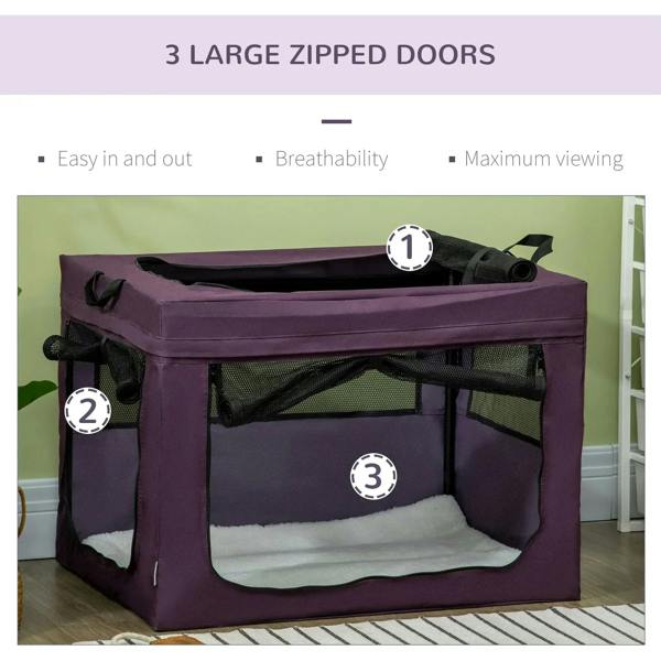 Purple pet carrier front view featuring three large zip doors for easy access