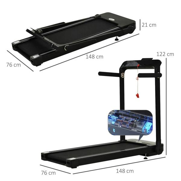 Black folding treadmill with dimensions shown for folded and open positions