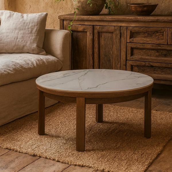 Wyld Haus Cork Round Cream Ceramic Coffee Table with Oak Veneer Base