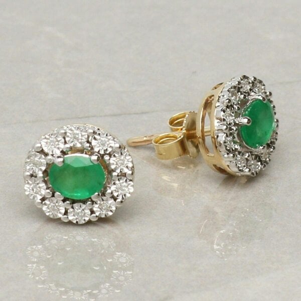 Christopher James of London 9ct Yellow Gold 0.60ct Oval Emerald & Diamond Cluster Earrings