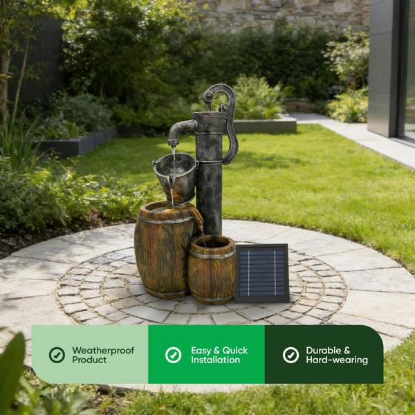 Gardenwize Solar Water Feature – 2 Tier Wooden Barrel Fountain with LED Lights & Battery Backup